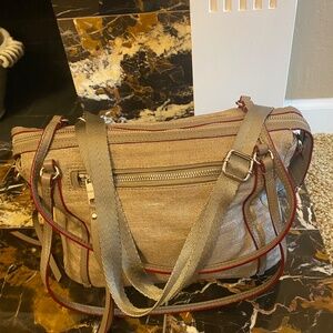 MZ WALLACE CROSSBODY BAG METTALIC W/SILVER HARDWARE ICONIC RED DETAIL LEATHER